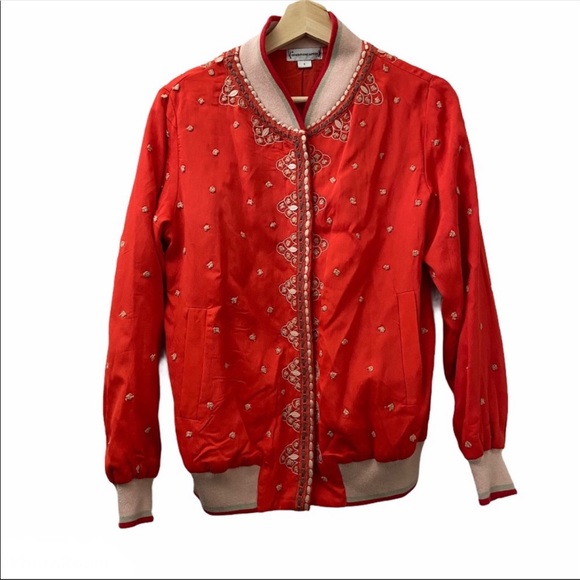 Anthropologie Conditions Apply Bomber Jacket Red Hand Stitched Size: L - Picture 4 of 7